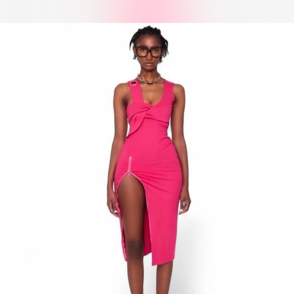 neon pink midi dress Hot Pink Pleated Detail Long Sleeve Midi Dress